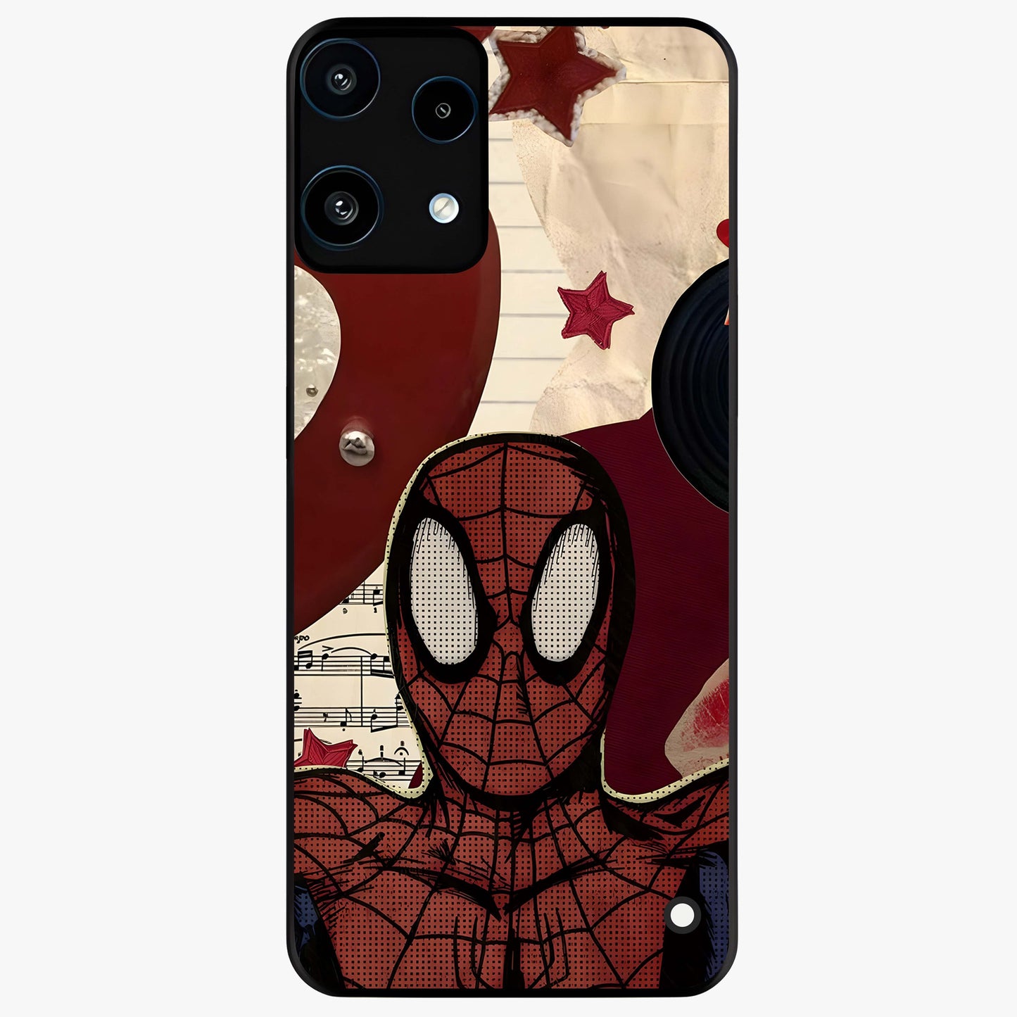 Web Warrior Vibes Glass Case showing flat back view with superhero inspired web themed artwork and glossy glass finish.