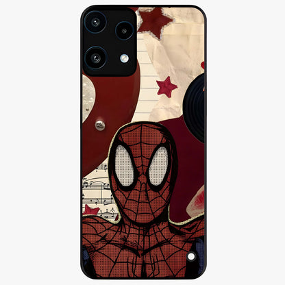 Web Warrior Vibes Glass Case showing flat back view with superhero inspired web themed artwork and glossy glass finish.