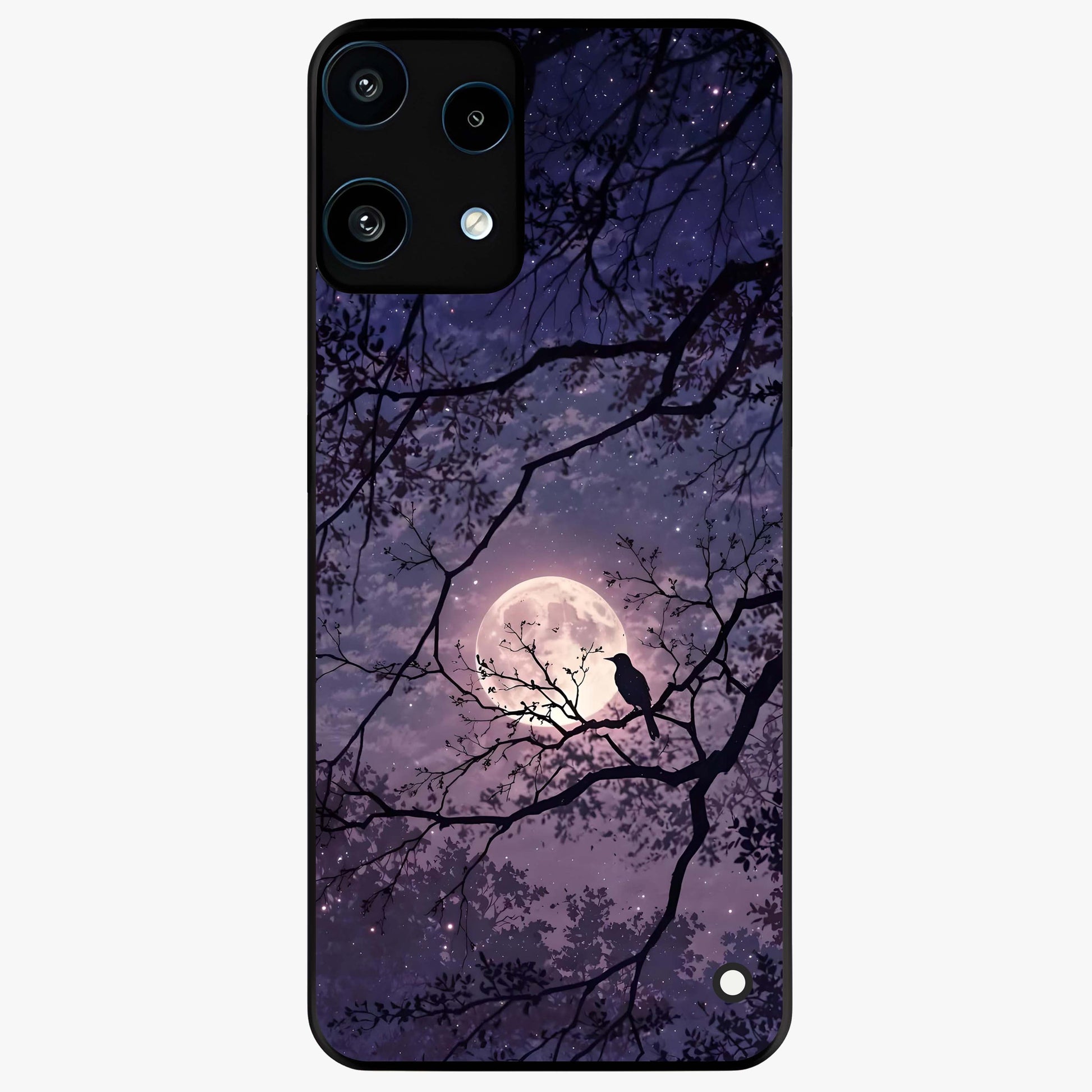 Whispering Moon Silence Glass Case showing flat back view with serene moon themed artwork and glossy glass finish.