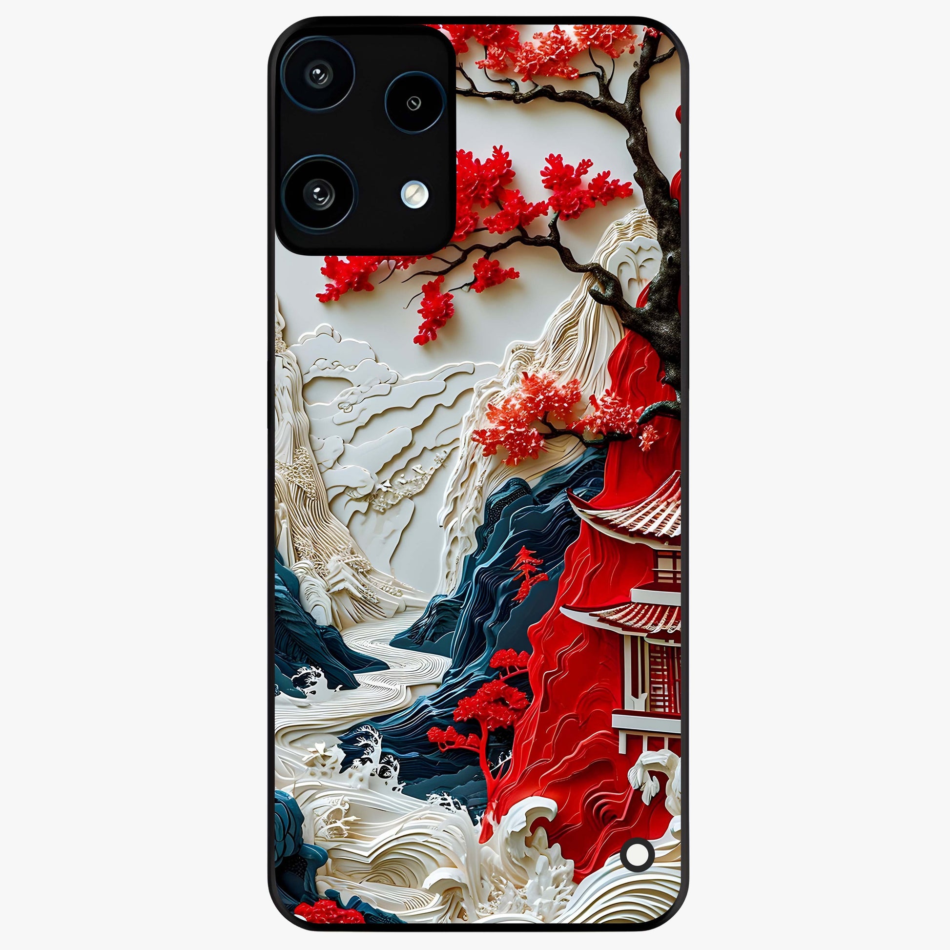 Whispers Of Sakura Waves Glass Case showing flat back view with cherry blossom wave artwork and glossy glass finish.
