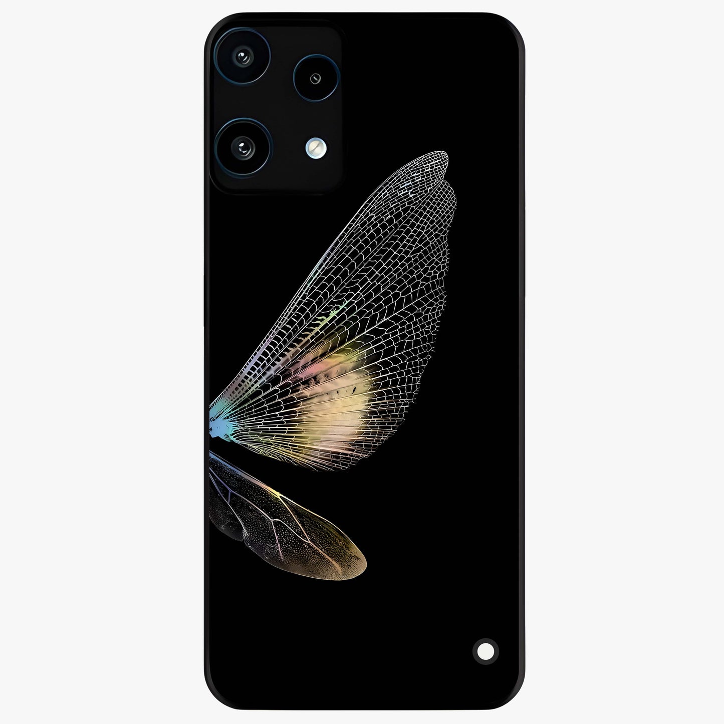 Whispers Of Wings Glass Case showing flat back view with graceful wing inspired artwork and glossy glass finish.