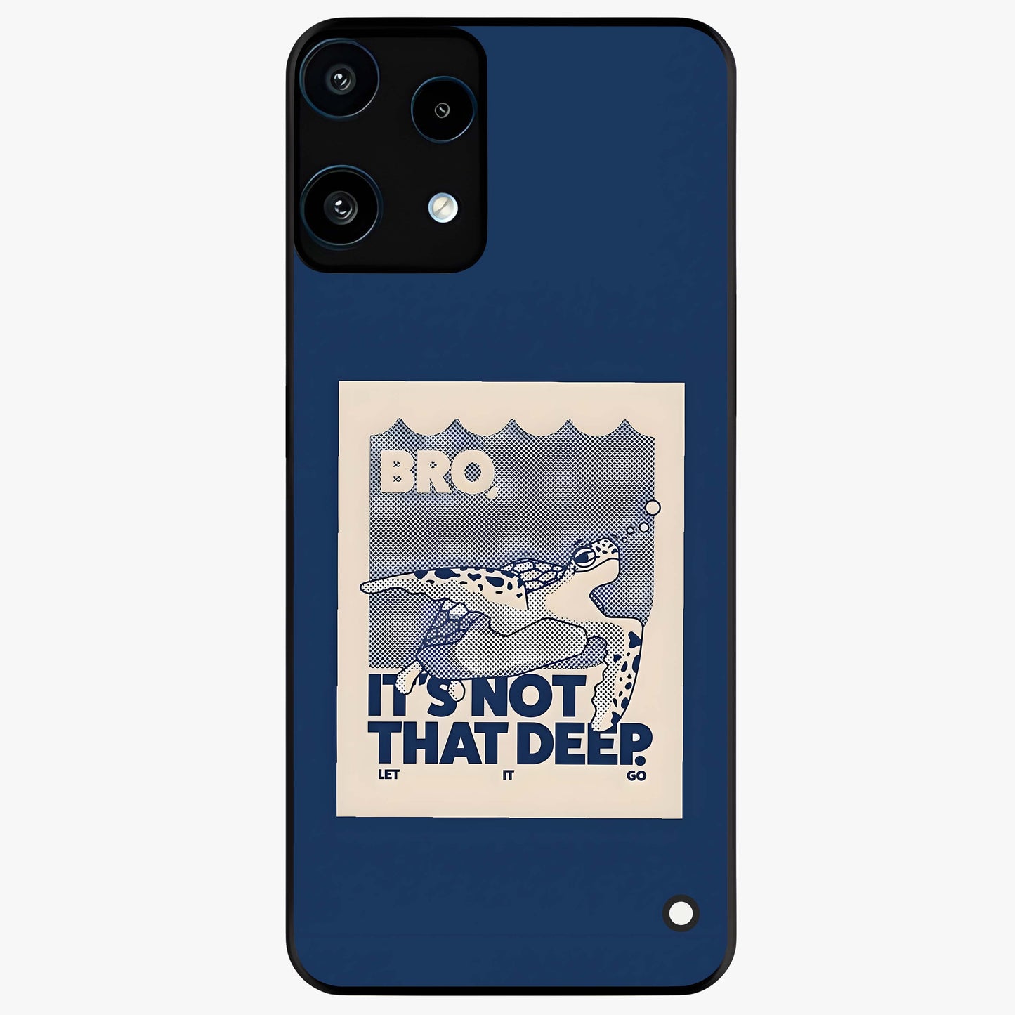 Worry Less Swim Glass Case showing flat back view with playful motivational artwork and glossy glass finish.