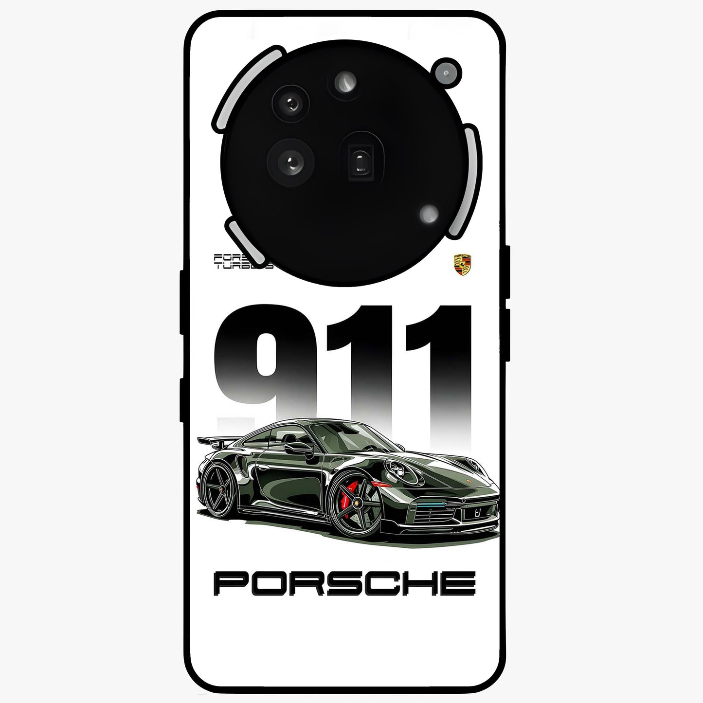 911 Turbo Dominance Glass Case showing clean flat back view with bold 911 sports car artwork and glossy glass finish.