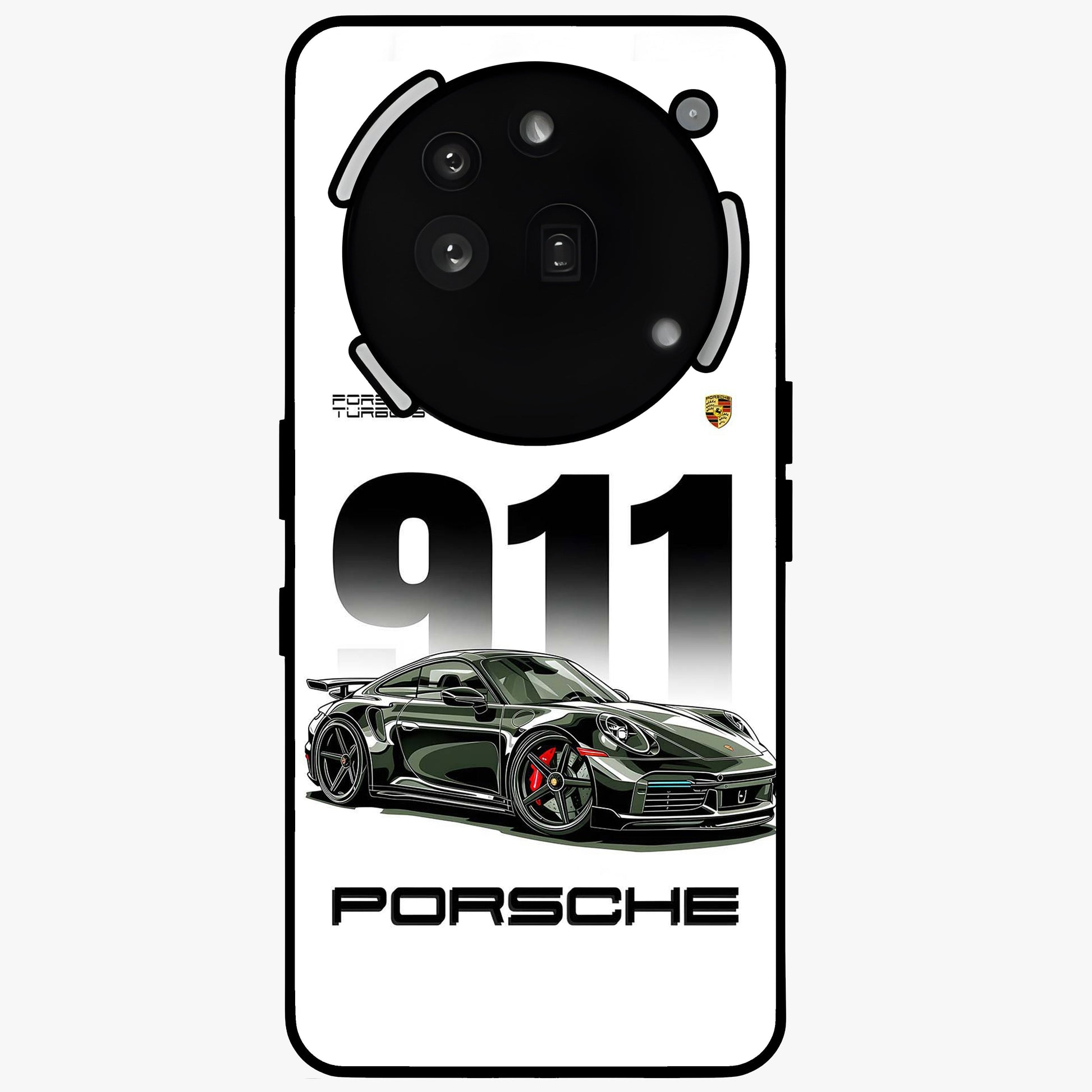 911 Turbo Dominance Glass Case showing clean flat back view with bold 911 sports car artwork and glossy glass finish.