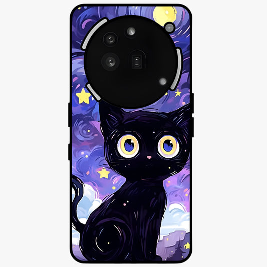 Abstract Cat Art Glass Case showing flat back view with artistic cat illustration and glossy glass finish.