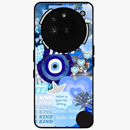 Aesthetic Be Kind Eye Glass Case showing flat back view with motivational eye artwork and glossy glass finish.