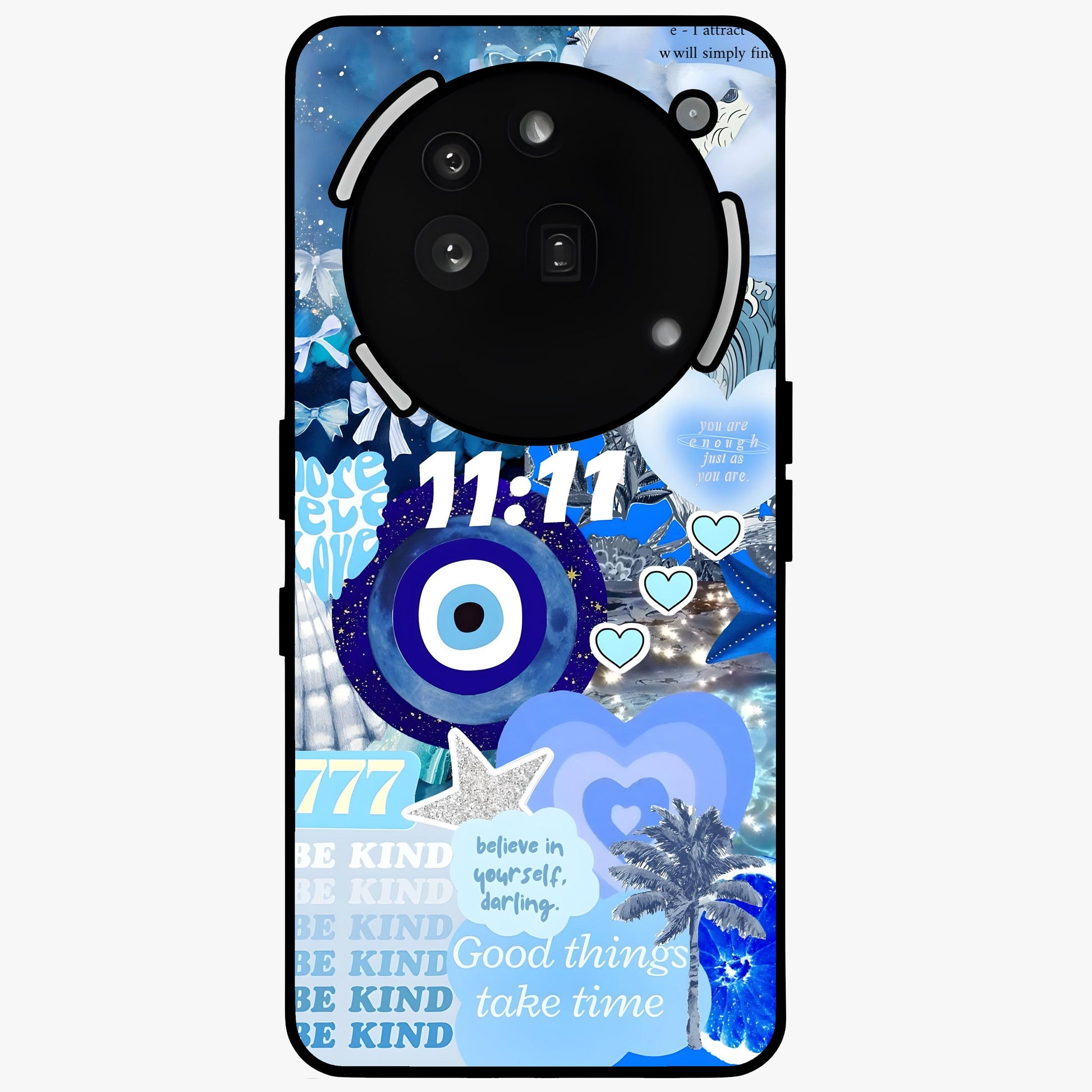 Aesthetic Be Kind Eye Glass Case showing flat back view with motivational eye artwork and glossy glass finish.