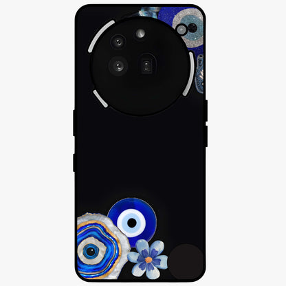 Aesthetic Blue Evil Eye Glass Case showing flat back view with protective evil eye artwork and glossy glass finish.