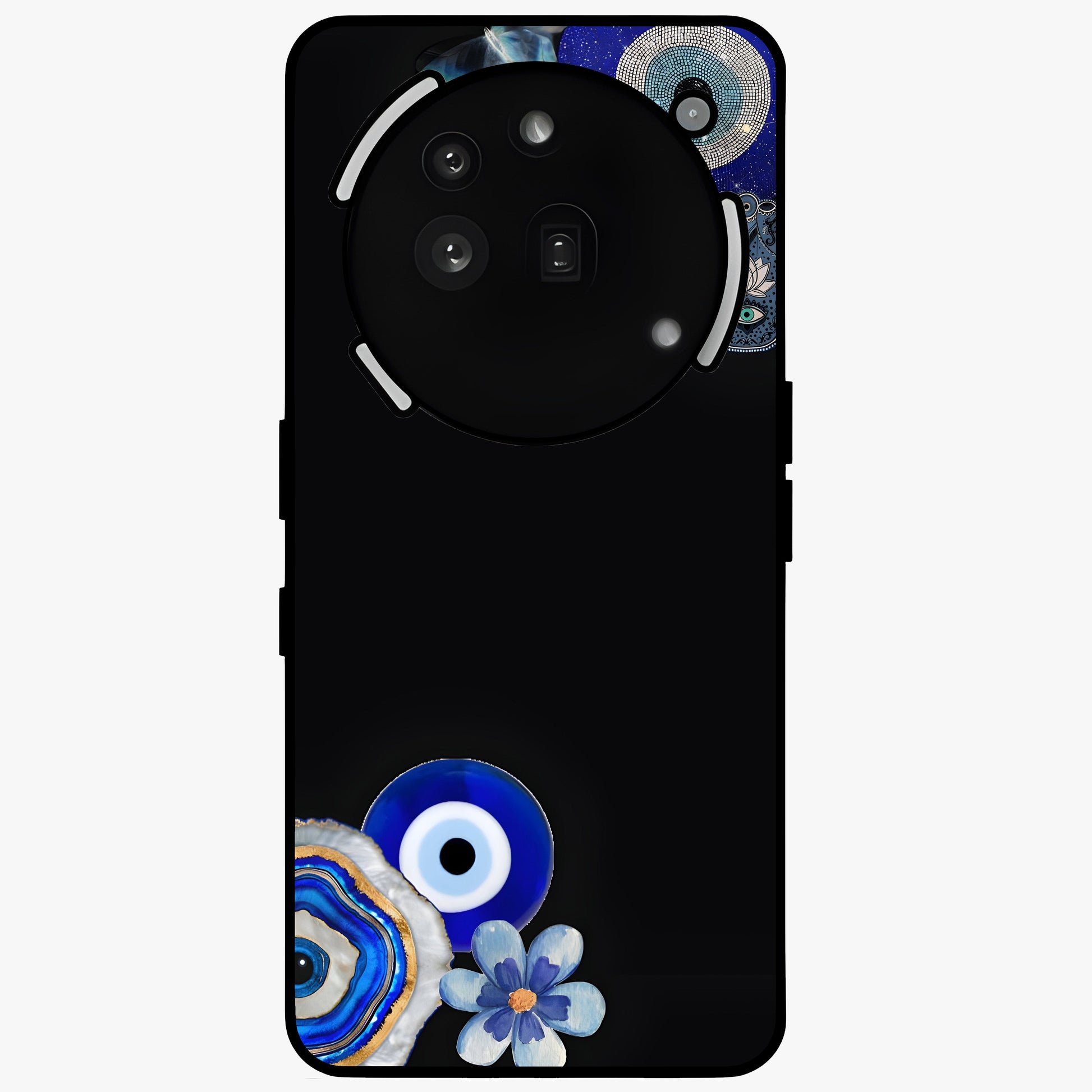 Aesthetic Blue Evil Eye Glass Case showing flat back view with protective evil eye artwork and glossy glass finish.