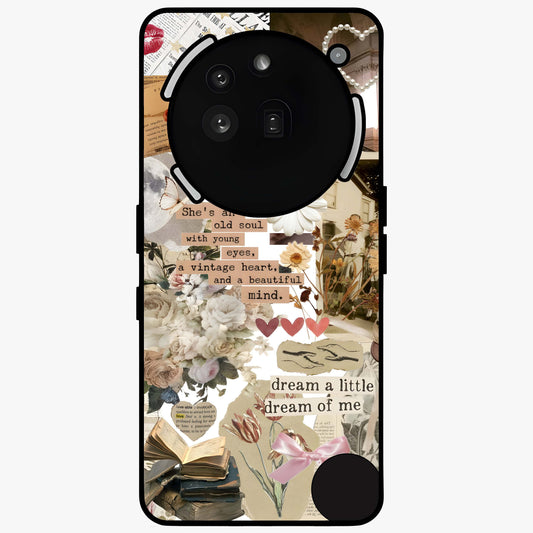 Aesthetic Brown Vintage Collage Glass Case showing flat back view with retro collage artwork and glossy glass finish.