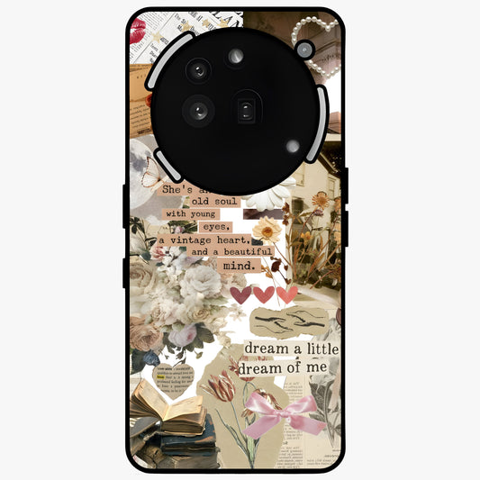 Aesthetic Brown Vintage Collage Glass Case showing flat back view with retro collage artwork and glossy glass finish.