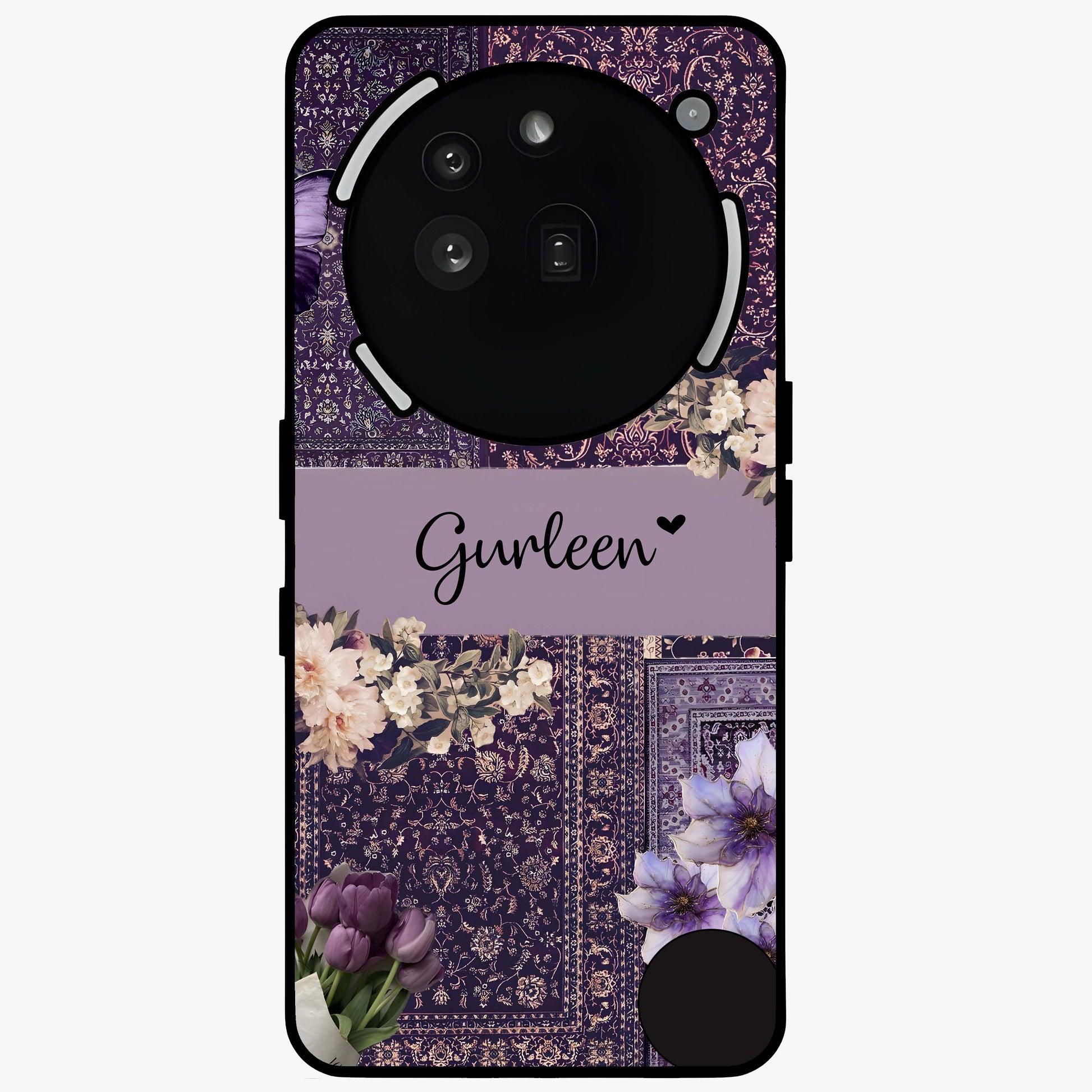 Antique Floral Whisper Custom Name Glass Case showing flat back view with vintage floral artwork and personalized name design.