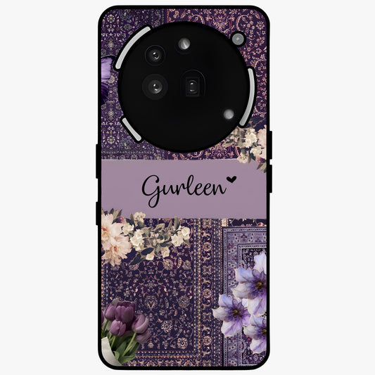 Antique Floral Whisper Custom Name Glass Case showing flat back view with vintage floral artwork and personalized name design.