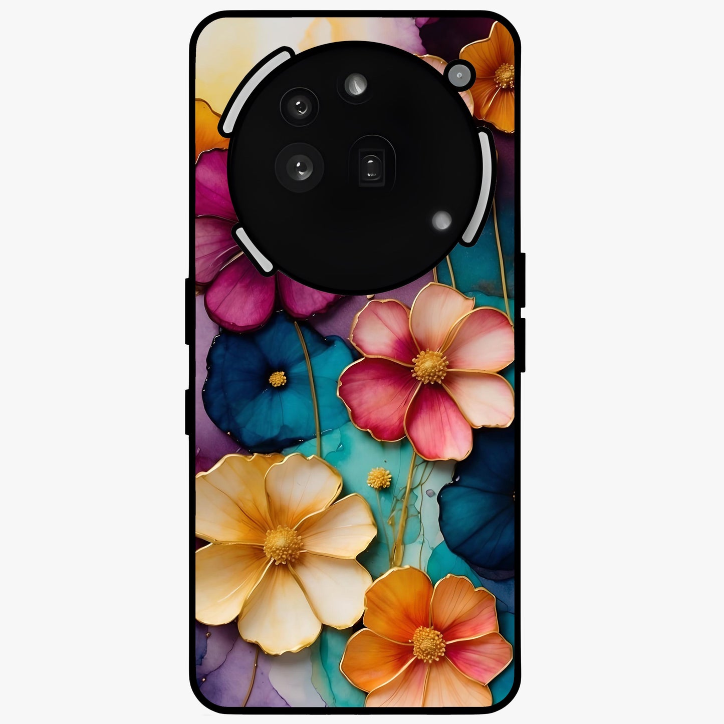 Artlyn Grace Flower Pattern Glass Case showing flat back view with elegant floral pattern artwork and glossy glass finish.