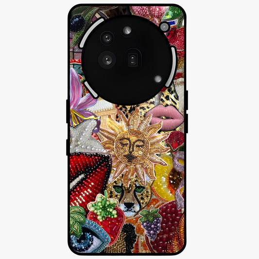 Beaded Fashion Jungle Glass Case showing flat back view with vibrant jungle inspired bead artwork and glossy glass finish.