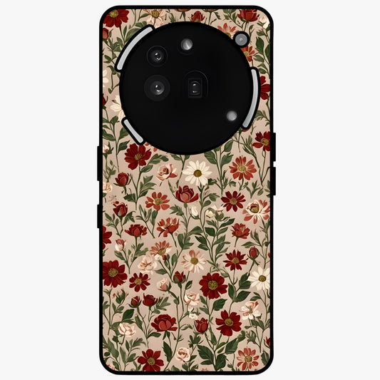 Biege Flower With Leaf Glass Case showing flat back view with soft beige floral artwork and glossy glass finish.