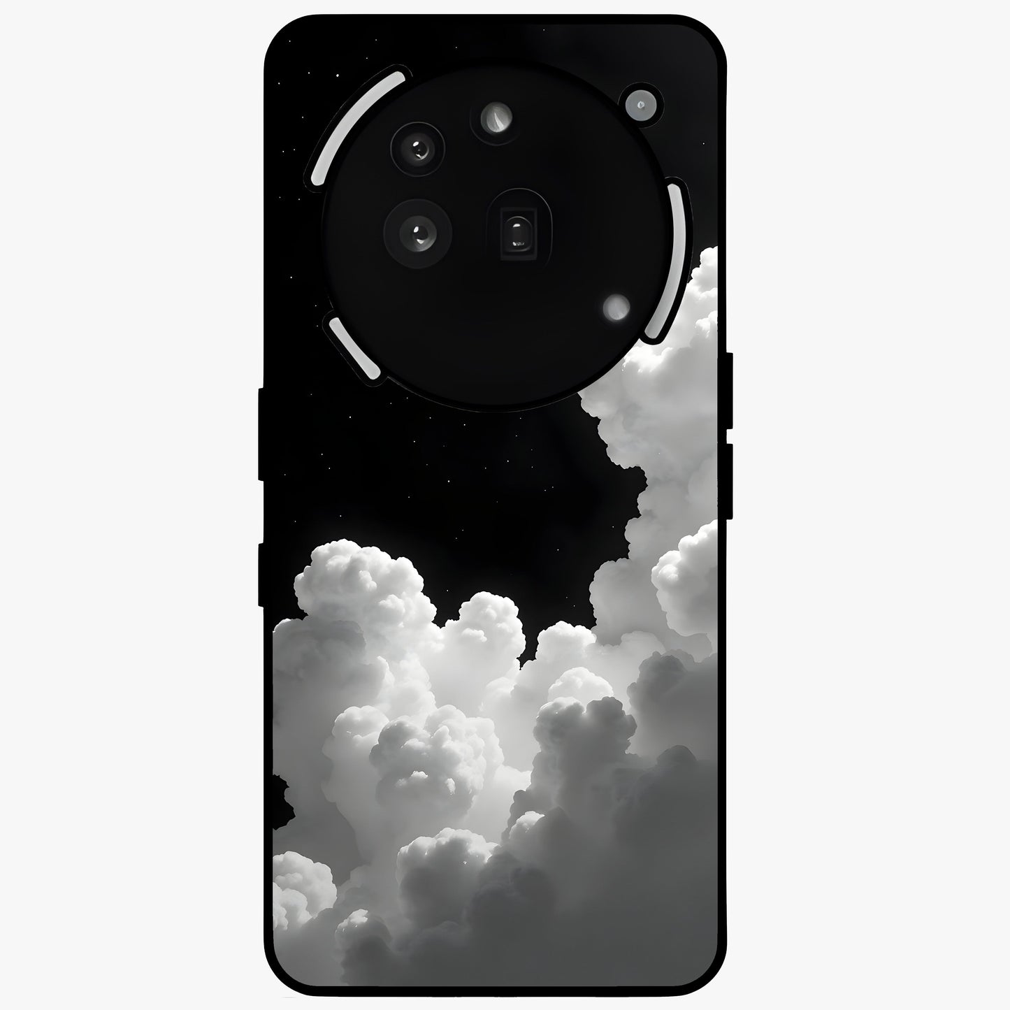 Black Background With White Cloud Glass Case showing flat back view with minimal cloud artwork on dark background and glossy glass finish.