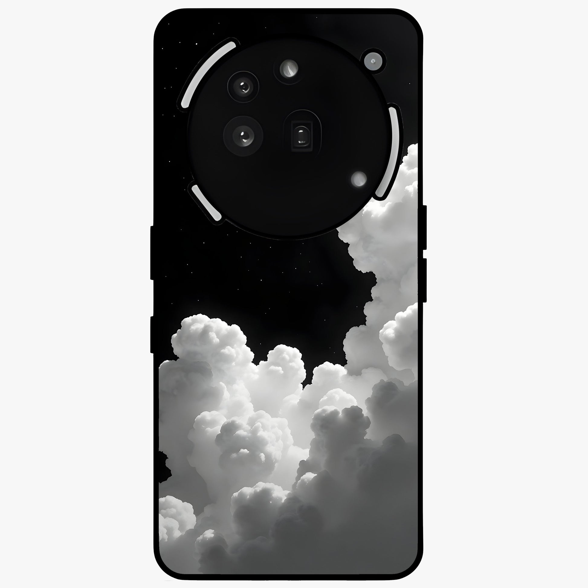 Black Background With White Cloud Glass Case showing flat back view with minimal cloud artwork on dark background and glossy glass finish.