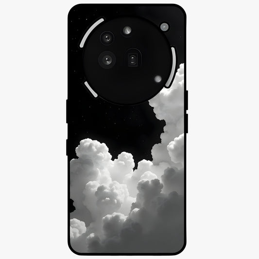 Black Background With White Cloud Glass Case showing flat back view with minimal cloud artwork on dark background and glossy glass finish.