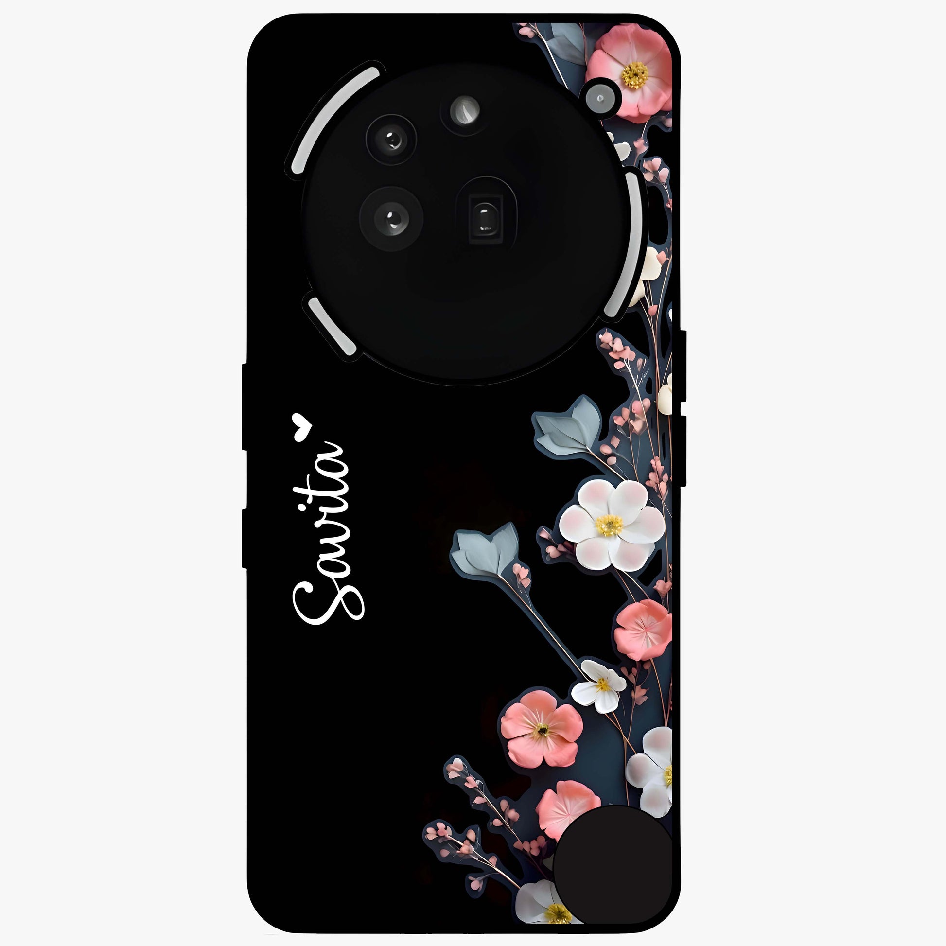 Black Elegance Floral Custom Name Glass Case showing flat back view with elegant floral artwork and personalized name design.