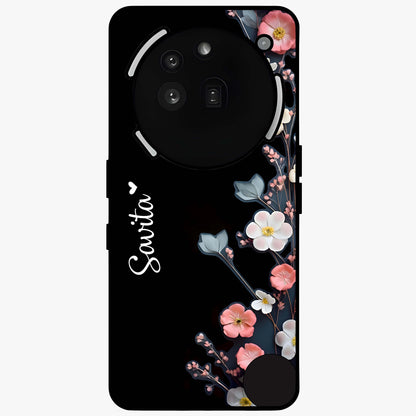 Black Elegance Floral Custom Name Glass Case showing flat back view with elegant floral artwork and personalized name design.