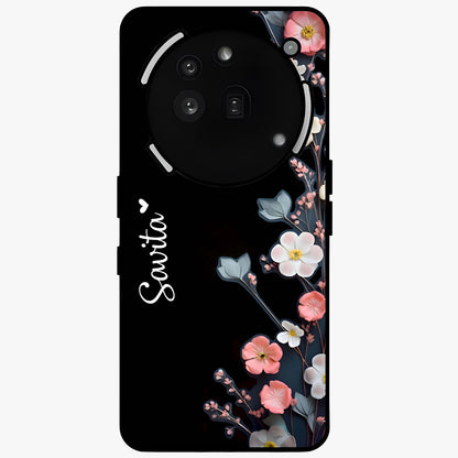 Black Elegance Floral Custom Name Glass Case showing flat back view with elegant floral artwork and personalized name design.