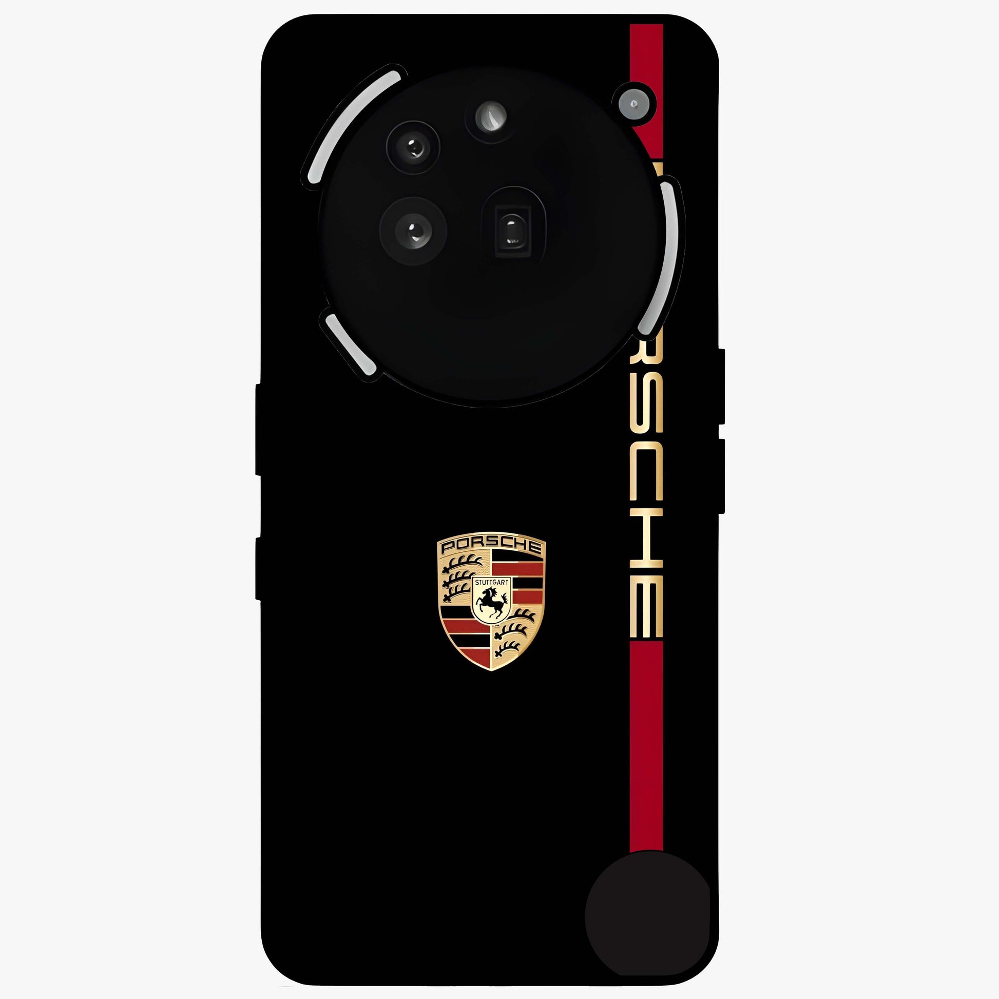 Black Minimal Porsche Glass Case showing flat back view with sleek minimal sports car artwork and glossy glass finish.