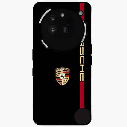 Black Minimal Porsche Glass Case showing flat back view with sleek minimal sports car artwork and glossy glass finish.