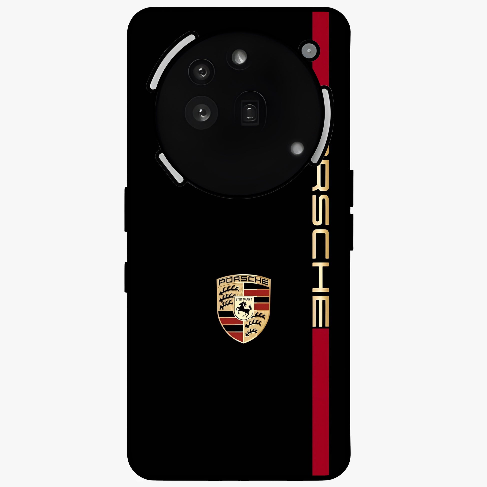 Black Minimal Porsche Glass Case showing flat back view with sleek minimal sports car artwork and glossy glass finish.
