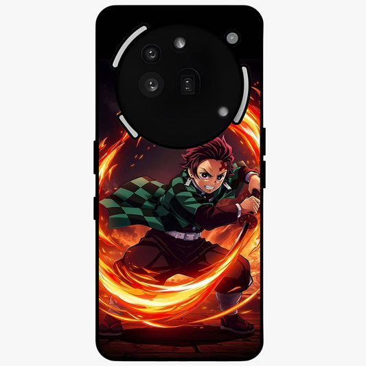 Blazing Sword Resolve Glass Case showing flat back view with fiery sword artwork and glossy glass finish.