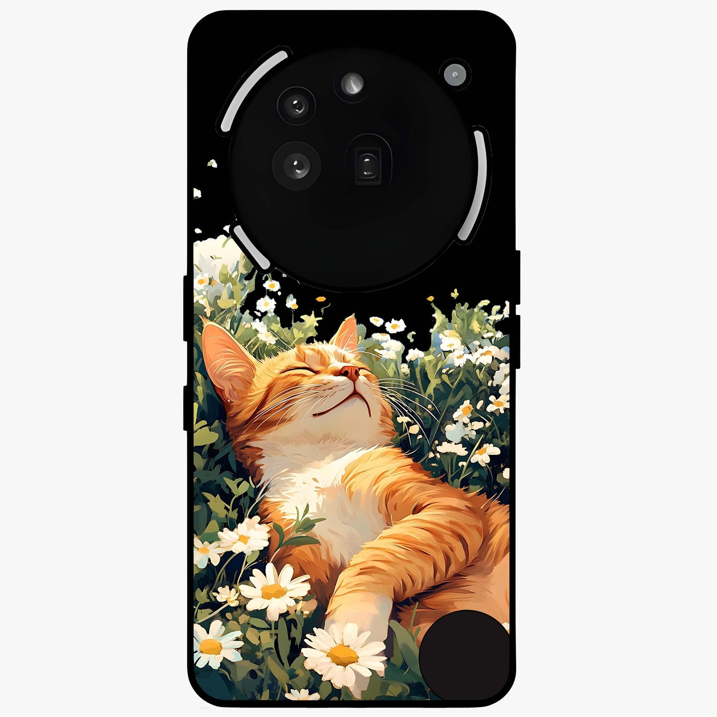 Blissful Bloom Cat Glass Case showing flat back view with cute cat and floral bloom artwork and glossy glass finish.