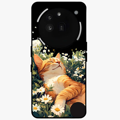 Blissful Bloom Cat Glass Case showing flat back view with cute cat and floral bloom artwork and glossy glass finish.