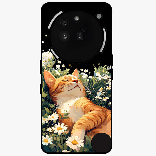 Blissful Bloom Cat Glass Case showing flat back view with cute cat and floral bloom artwork and glossy glass finish.