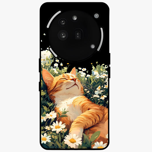 Blissful Bloom Cat Glass Case showing flat back view with cute cat and floral bloom artwork and glossy glass finish.