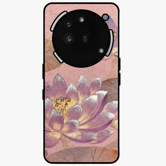 Blossom Mist Lotus Glass Case showing flat back view with serene lotus blossom artwork and glossy glass finish.