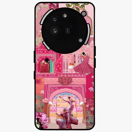 Blossoms of Rajasthan Glass Case showing flat back view with traditional floral artwork inspired by Rajasthan and glossy glass finish.