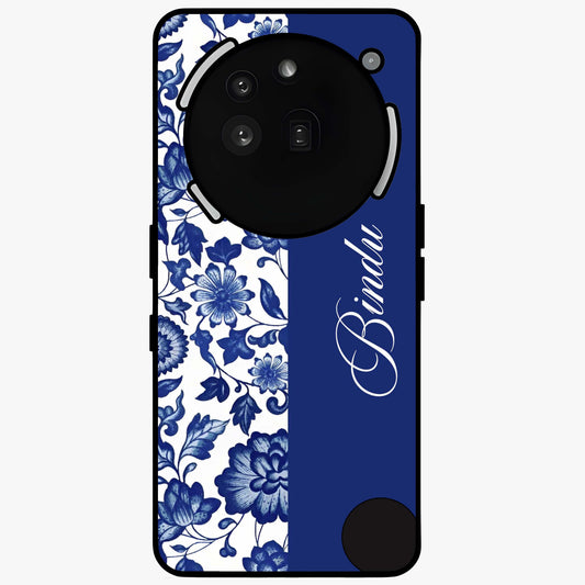 Blue Vintage Floral Pattern Glass Case upright view showcasing timeless floral illustration with vintage inspired style.