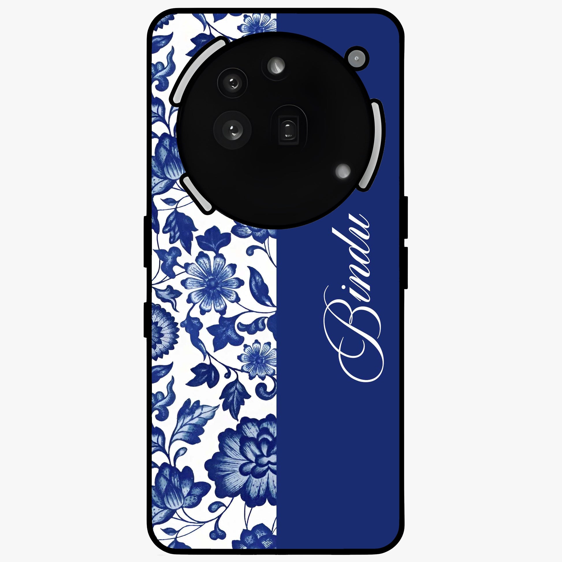 Blue Vintage Floral Pattern Glass Case upright view showcasing timeless floral illustration with vintage inspired style.