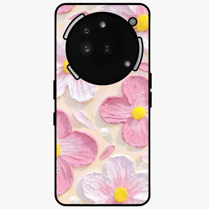Blush Bloom Texture Glass Case showing flat back view with soft blush floral texture artwork and glossy glass finish.