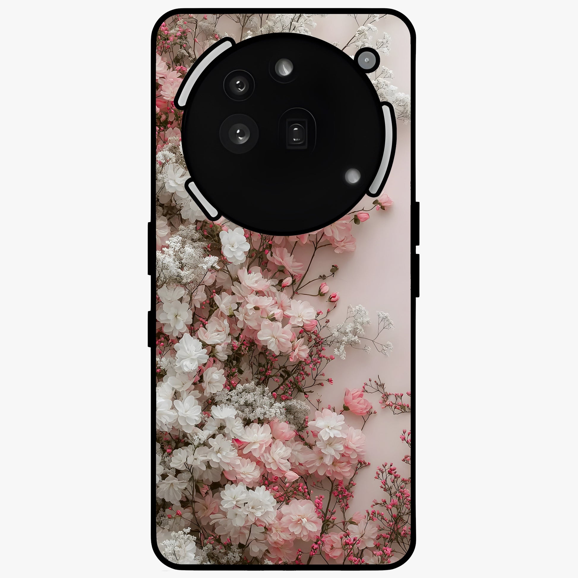 Blush Blossom Cloud Glass Case showing flat back view with dreamy blush cloud blossom artwork and glossy glass finish.