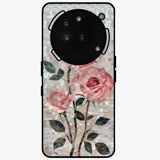 Blush Mosaic Bloom Glass Case showing flat back view with mosaic floral bloom artwork and glossy glass finish.