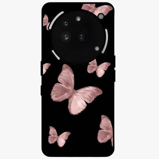 Butterfly Pattern Glass Case showing flat back view with elegant butterfly pattern artwork and glossy glass finish.