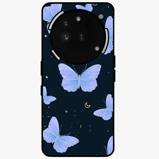 Butterfly With Stars Pattern Glass Case showing flat back view with butterfly and star pattern artwork and glossy glass finish.