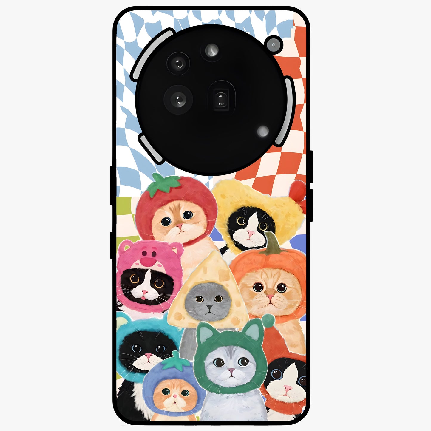Cats in Fruits Glass Case showing flat back view with playful cat illustrations inside fruit artwork and glossy glass finish.