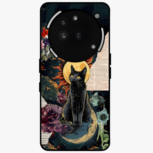 Celestial Black Cat Glass Case showing flat back view with mystical black cat artwork and glossy glass finish.