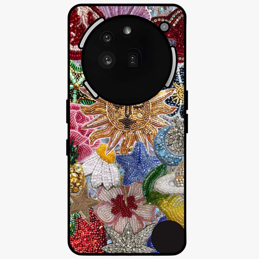 Celestial Floral and Playful Glass Case showing flat back view with floral and celestial themed artwork and glossy glass finish.