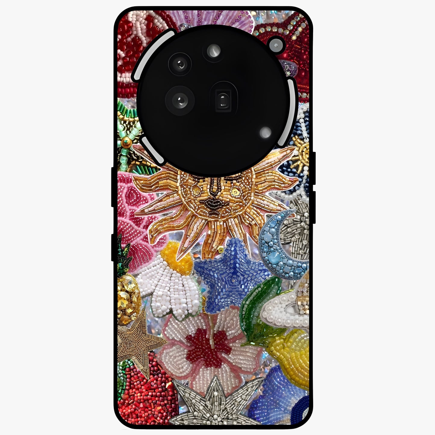 Celestial Floral and Playful Glass Case showing flat back view with floral and celestial themed artwork and glossy glass finish.