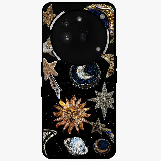 Celestial Gem Constellations Glass Case showing flat back view with sparkling constellation artwork and glossy glass finish.