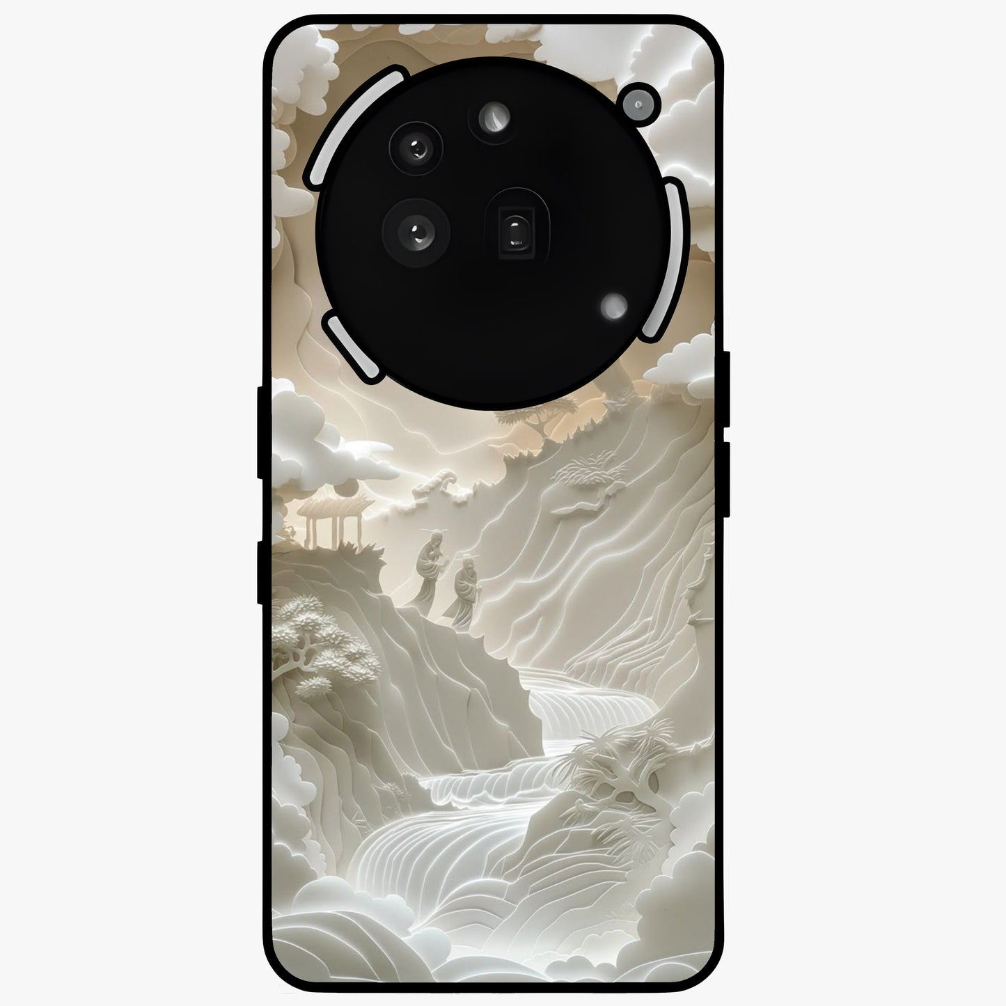 Celestial Origami Glass Case showing flat back view with artistic origami inspired celestial artwork and glossy glass finish.