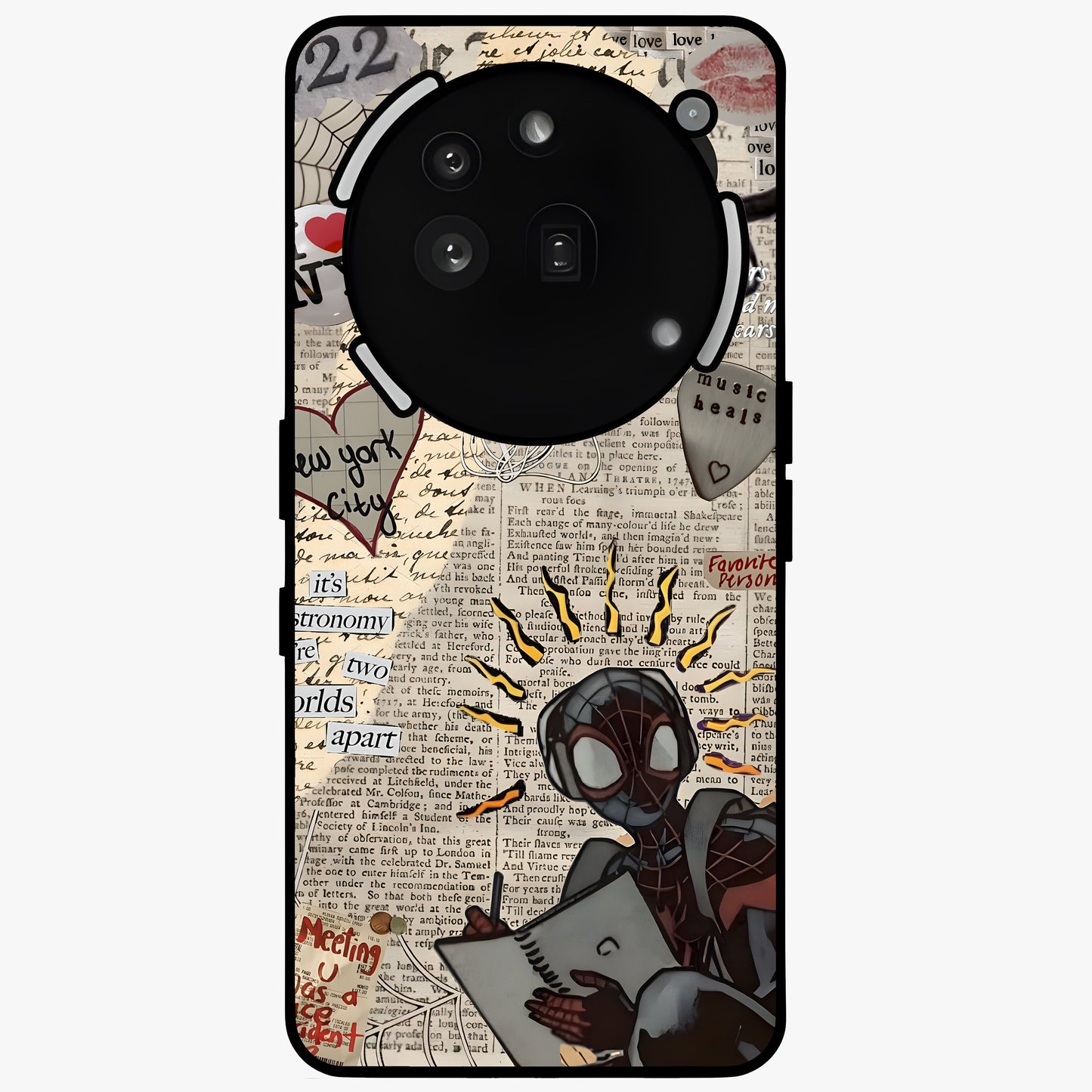 City Dream Sketch Glass Case showing flat back view with artistic city skyline sketch artwork and glossy glass finish.